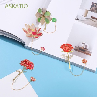 ASKATIO School Office Supplies Brass Bookmark Stationery Painted Book Clip Lotus Leaf New Hollow Tassel Metal Chinese Style Pagination Mark
