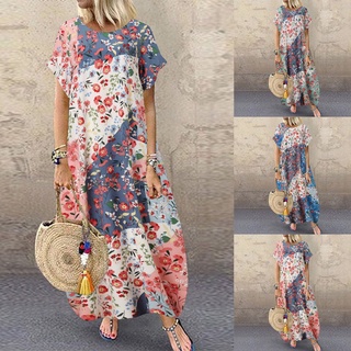 Mujer verano manga corta Vintage Floral impreso vestido de playa Casual Maxi vestido