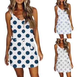 Women Casual Dot Print Dress V-Neck Sleeveless Loose Strap Pocket Mini Dress