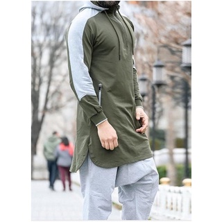 ◑Lg❉Los hombres musulmanes túnica costura diseño cordón con capucha bolsillo lateral cremallera de manga larga lado de la abertura suéter