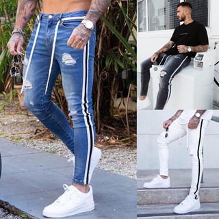 los hombres de la moda casual mediados de la cintura delgada agujero largo jeans flaco lápiz pantalones de calle denim pantalones largos