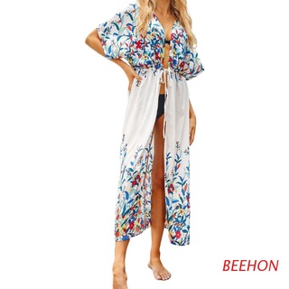 beehon mujeres manga corta maxi largo bikini cubrir bohemain floral impreso suelto kimono cardigan frente abierto protector solar vestido de playa