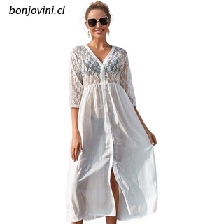 bo.cl Women 3/4 Sleeve Chiffon Maxi Beach Dress Sheer Floral Lace Cardigan Cover Up