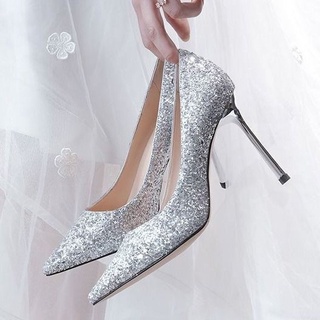 Zapatos de boda de las mujeres de plata de tacón alto lentejuelas puntiagudo Stiletto cristal zapatos de dama de honor de la boda gradiente zapatos