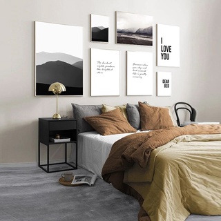 Puntos de vista en blanco y negro de la vista de montaña en tela de dormitorio y decoración del hogar