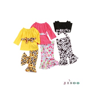 Soo-girls conjunto de ropa con estampado Floral, manga larga cuello barco Tops con volantes+pantalones planos (9)