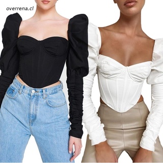 ove Women Autumn Vintage Puff Long Sleeve T Shirts Sexy Square Neck Corset Crop Top Irregular Hem Solid Color Stylish Slim Party Streetwear (1)