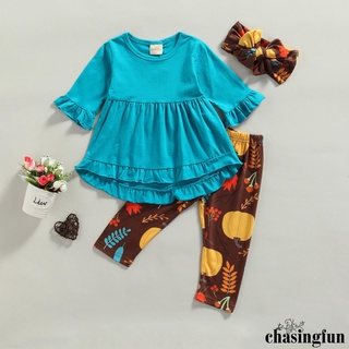 Chf-kids traje conjunto, otoño Color sólido O-cuello de manga larga Tops+pantalones de impresión de calabaza+diadema