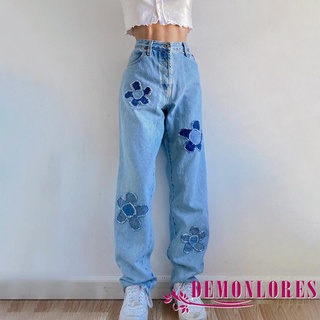 Demq-Pantalones vaqueros de pierna recta para mujeres, adultos, verano, diseño de flores sueltas, pantalones de mezclilla con bolsillos
