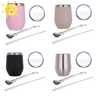 Double-Wall Stainless Yerba Gourd Mate Tea Set Water Mate Tea Cup with Lid Spoon Straw Bombilla Head Filter Brush,Pink (1)