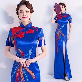 noble y elegante azul phoenix rendimiento y mostrar etiqueta de pasarela anfitrión vestido de novia y cheongsam venta al por mayor 6701