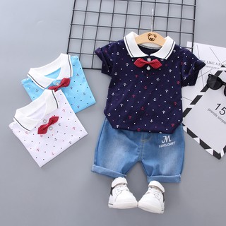 Kimi 2pcs verano bebé niños solapa manga corta camiseta Tops + pantalones cortos de mezclilla trajes niños conjuntos casuales