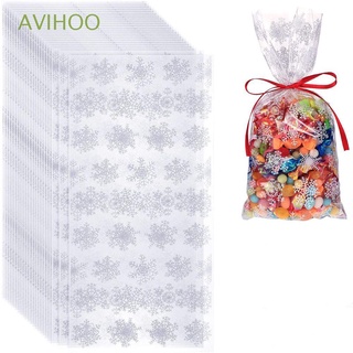 AVIHOO Plastic Biscuit Bags Party Supplies Candy Treat Bag Xmas Candy Bags New Year Wedding Favors Gifts Box Home Decoration Snack Cookies Storage Merry Christmas Snowflake