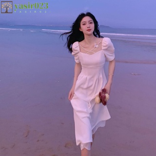 yasir023 Women Dress Square Collar White Skirt Retro Puff Sleeve Waist-slimming Mid-length Dress