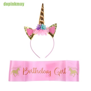 dopinkmay unicornio cumpleaños niña conjunto de oro purpurina unicornio diadema y rosa satén faja PAC (2)