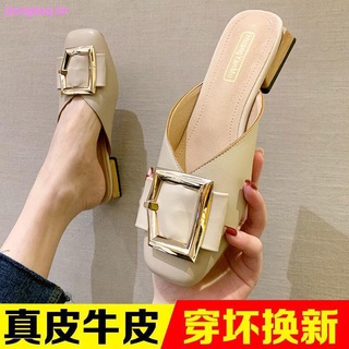 Cuero Baotou media zapatillas mujer s desgaste exterior verano 2021 sandalias y zapatillas nuevas tacón medio tacón grueso sandalias de hadas