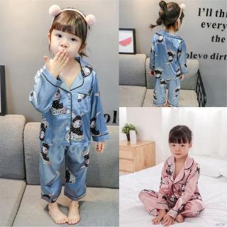 se7en niños niñas niños de dibujos animados gato impresión ropa de dormir conjunto de manga larga botón blusa tops+pantalones pijamas (1)