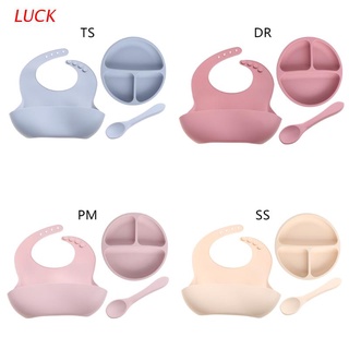 luck 3 pzs set de alimentación para bebés/baberos de silicona de grado alimenticio/cuchara/platos de succión/platos vajilla