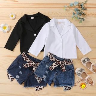 Unigirls Casual de dos piezas conjunto de ropa, Color sólido traje Chamarra y leopardo impreso patrón elástico cintura pantalones cortos, negro/blanco