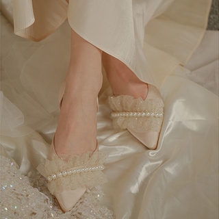 Nuevo estilo neto hilo perla punta zapatos planos poco profundos boca plana estilo de hadas zapatos de boda