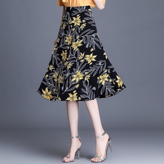 Falda floral floral Falda plisada de una línea de longitud media para mujer Falda larga de gasa de cintura alta de primavera y verano
