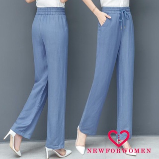 Nfw-Pantalones de pierna recta de Color sólido para mujer con bolsillos, pantalones elásticos de cintura alta, azul/negro