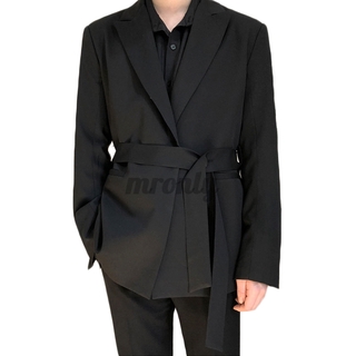 mr hombres elegante negro manga larga cuello v con cinturón casual blazer