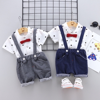 Nuevo verano niños bebé guapo camisa de dos piezas niños de manga corta punto camisa babero pantalón ropa (1)