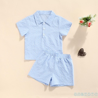 Cht-Boys Casual conjunto de ropa de dos piezas, azul a cuadros impreso patrón de manga corta camisa y pantalones cortos