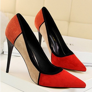 0913d color-partido de gamuza superior tacones altos zapatos de las mujeres zapatos dedo del pie puntiagudo señora zapatos (7)
