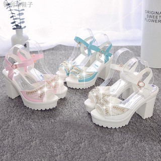 Korean version of rhinestone high-heeled thick-heeled sandals women s summer 2021 waterproof platform fish mouth shoes one-word buckle thick-soled women s shoes