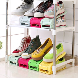 Solid Color Plastic Shoes Storage Rack Double Adjustable Shoes Organizer