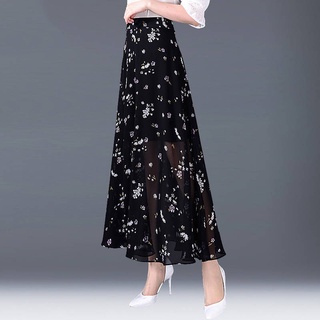 Falda de gasa floral de una línea falda de longitud media falda de cintura alta falda larga falda de gasa de verano estampado