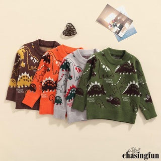 Chf-Boys Casual cuello redondo suéter, dinosaurio y letras impreso patrón de punto jersey