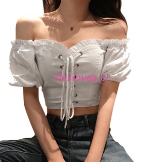 esta mujer malla volantes de manga corta crop top sexy fuera del hombro blanco t-shirt hueco entrecruzadas vendaje de verano clubwear
