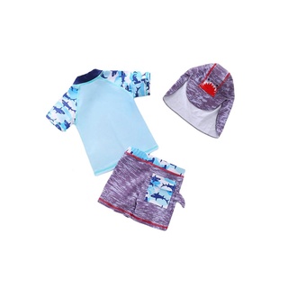 Bbcq-Boys conjunto de ropa de natación de tres piezas, cuello redondo azul de manga corta Tops + pantalones cortos + sombrero (4)