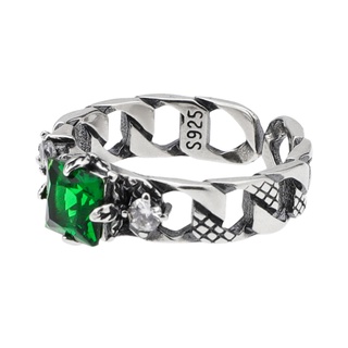 S925 anillo ling cubano GRGR marca marea plata esterlina cadena cubana anillo de piedra verde anillo masculino hip-hop femenino