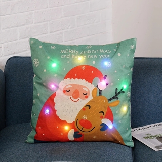Colorida luz LED de navidad funda de almohada/plantas de dibujos animados de Santa Claus impresión de cojín de la funda de cojín de hogar sofá luminoso decorativo (5)