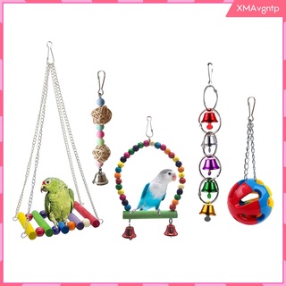 5 piezas de juguetes colgantes para masticar loro, madera multicolor y campanas, juguetes para romper