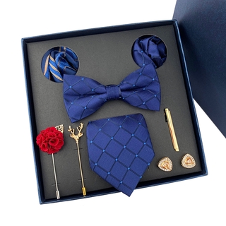 Corbata de hombre de lujo lazos de boda + lazos + bolsillo cuadrado + broche + gemelos +juegos de Clip de corbata con caja del día del padre (4)