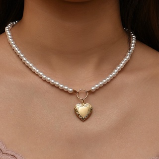 collar de cadena de perlas vintage a la moda para mujer oro geométrico corazón colgante collar accesorios de joyería (1)