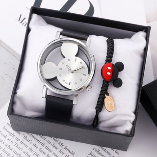 [No incluye caja]Reloj de mujer + Pulsera de Mickey de dibujos animados / Reloj analógico de cuarzo de dibujos animados hueco de doble cara Reloj de cuero de moda para mujer (5)