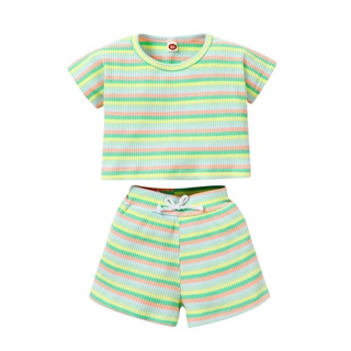 ◐Lk✦Conjunto Casual de camiseta y pantalones cortos de bebé niña moda rayas manga corta Tops y pantalones cortos