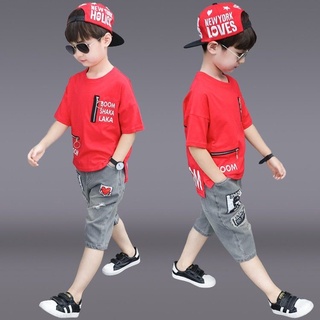 Niños de verano de manga corta traje jeans2021nuevo estilo coreano estilo occidental medio y grande de los niños de dos piezas traje de verano de la moda (1)