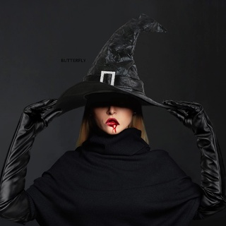[mariposa] Sombrero de bruja de Halloween con guantes hombres mujeres negro disfraz Cosplay fiesta ala ancha