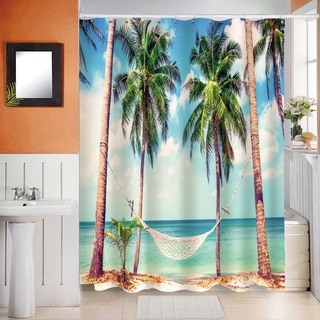 Cortinas de ducha impresas en mar de coco decoración de baño con ganchos impermeables (1)