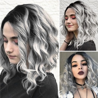 [pelo] peluca rizada de partida lateral gris degradante para mujer/longitud de hombro cosplay