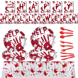 Halloween desechable vajilla decoración conjunto de calabaza murciélago sangre ayuda mano bandera torta Topper plato paja fiesta necesidades