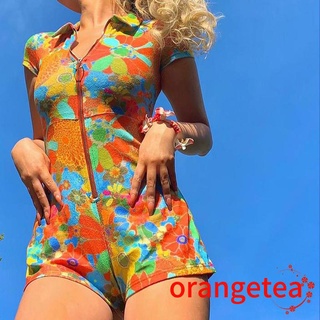 Ort-women - mono de ajuste cercano, color naranja, estampado Floral, manga corta, S/ M/ L/ XL