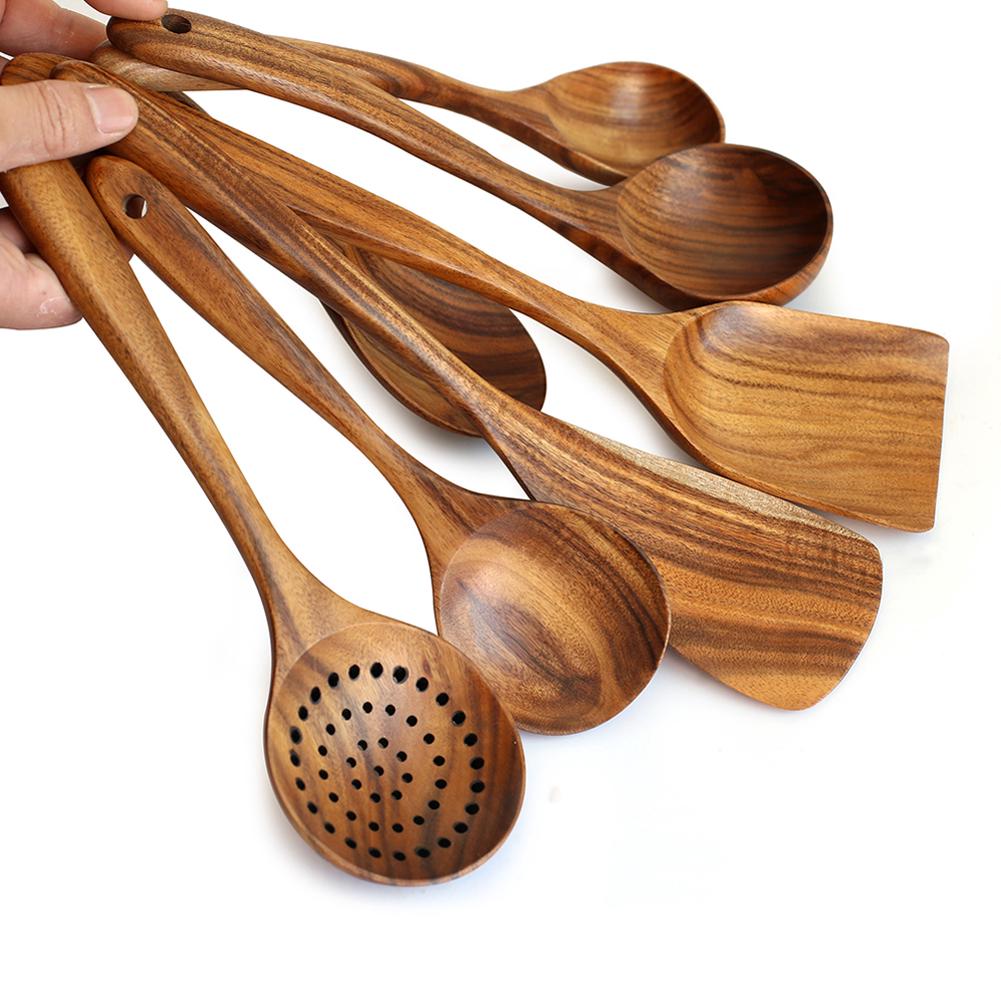 Juego de utensilios de cocina ligeros de madera espátula cuchara herramientas de cocina